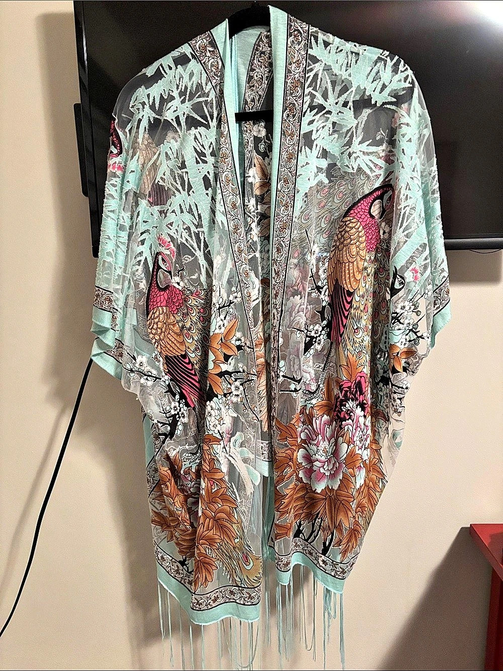 Peacock Print Fringe Tunic in Blue